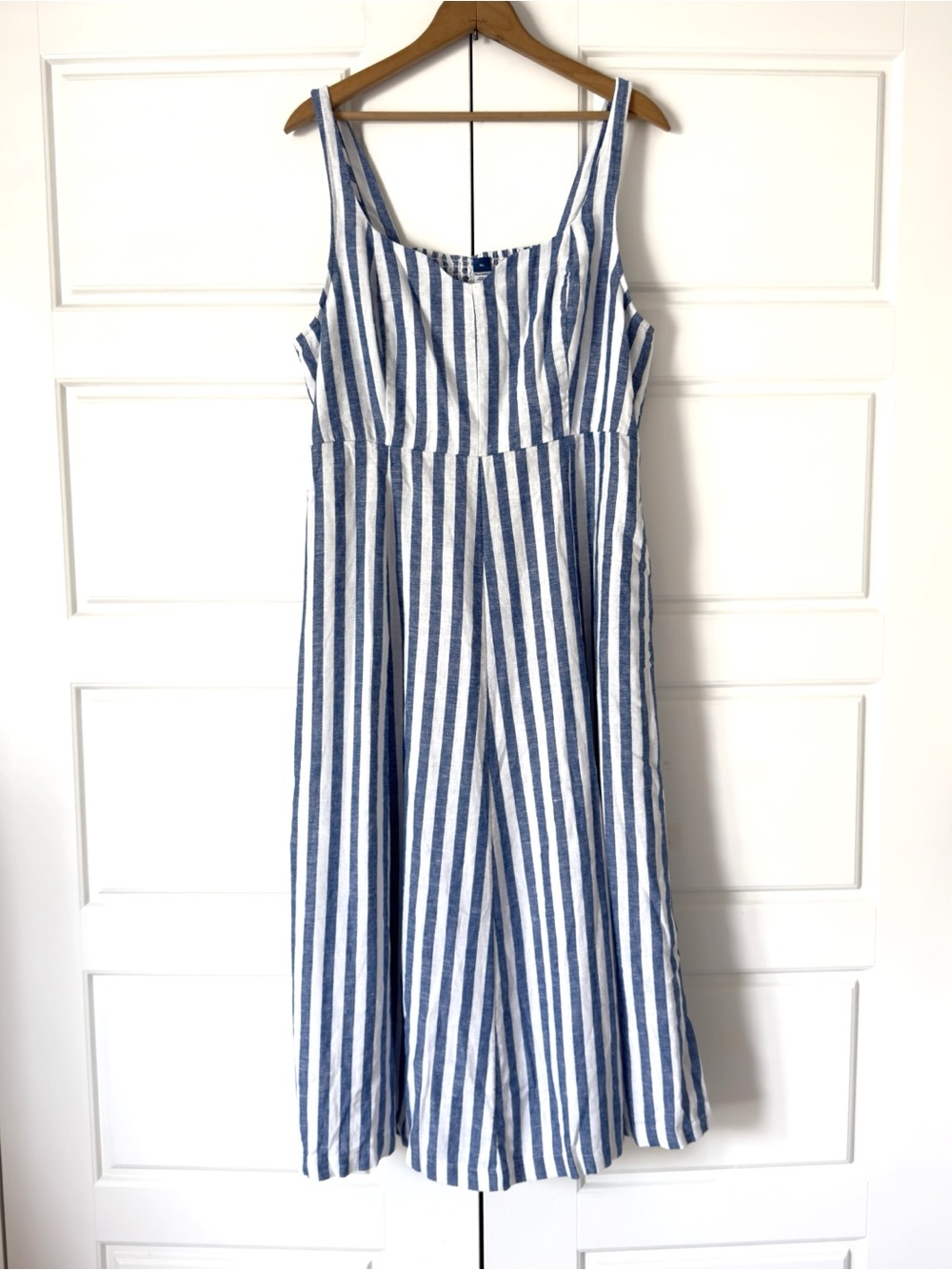 Old Navy Striped Linen Midi Dress XL Blue White Smocked Cottagecore Coastal
